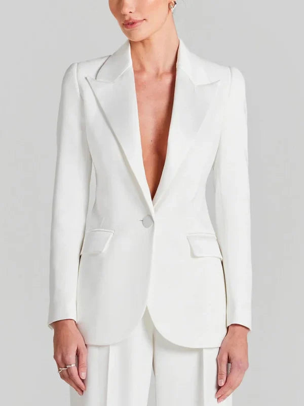 Sofia | Blazer blanc à bouton unique, col plissé