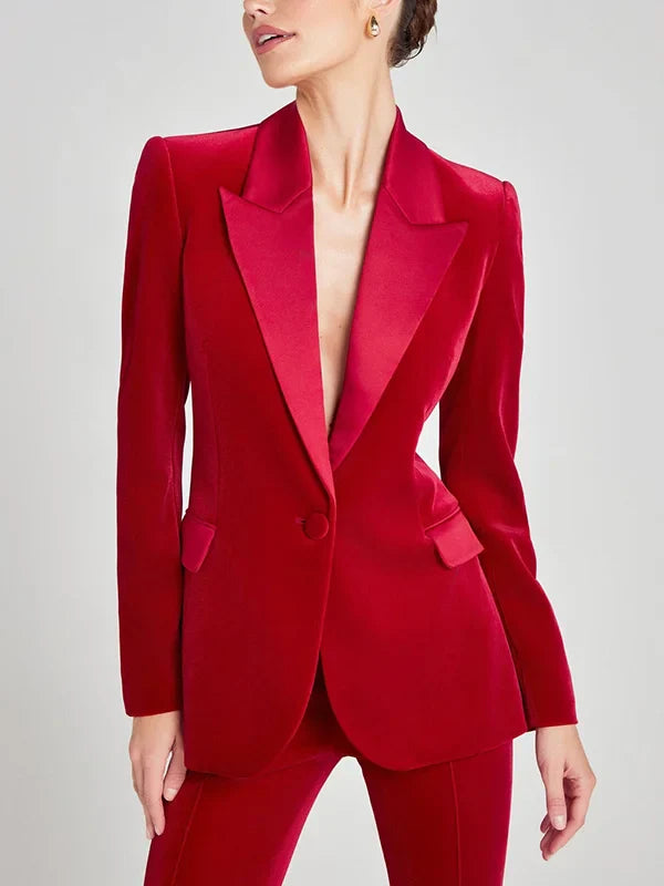 Sofia | Blazer en velours rouge à revers en pointe