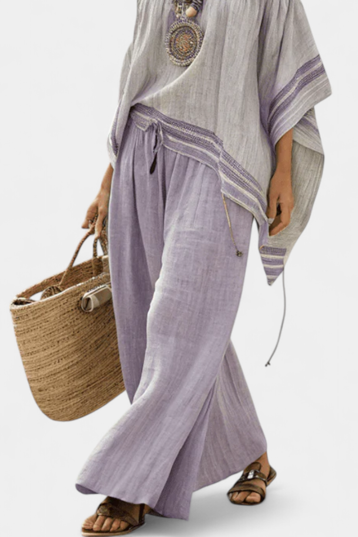 Zandrel | Ensemble élégant : top à épaules dénudées et pantalon large à rayures