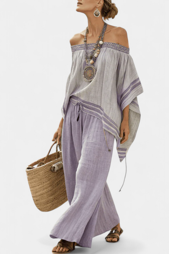 Zandrel | Ensemble élégant : top à épaules dénudées et pantalon large à rayures