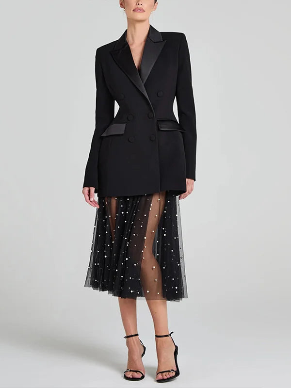 Sofia | Blazer réversible en satin noir à double boutonnage