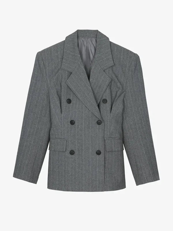 Sofia | Blazer gris à fines rayures, ceinturé