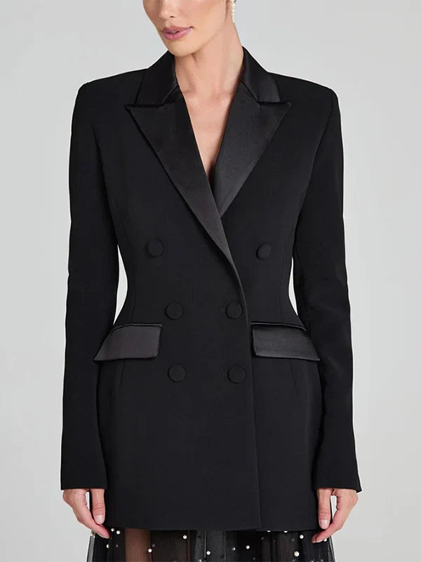 Sofia | Blazer réversible en satin noir à double boutonnage