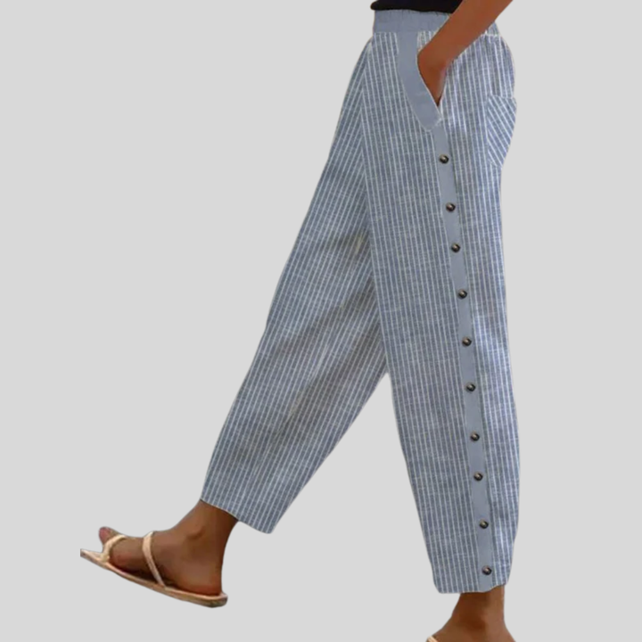Linaya - Pantalon Rayé Chic à Boutons Élégants