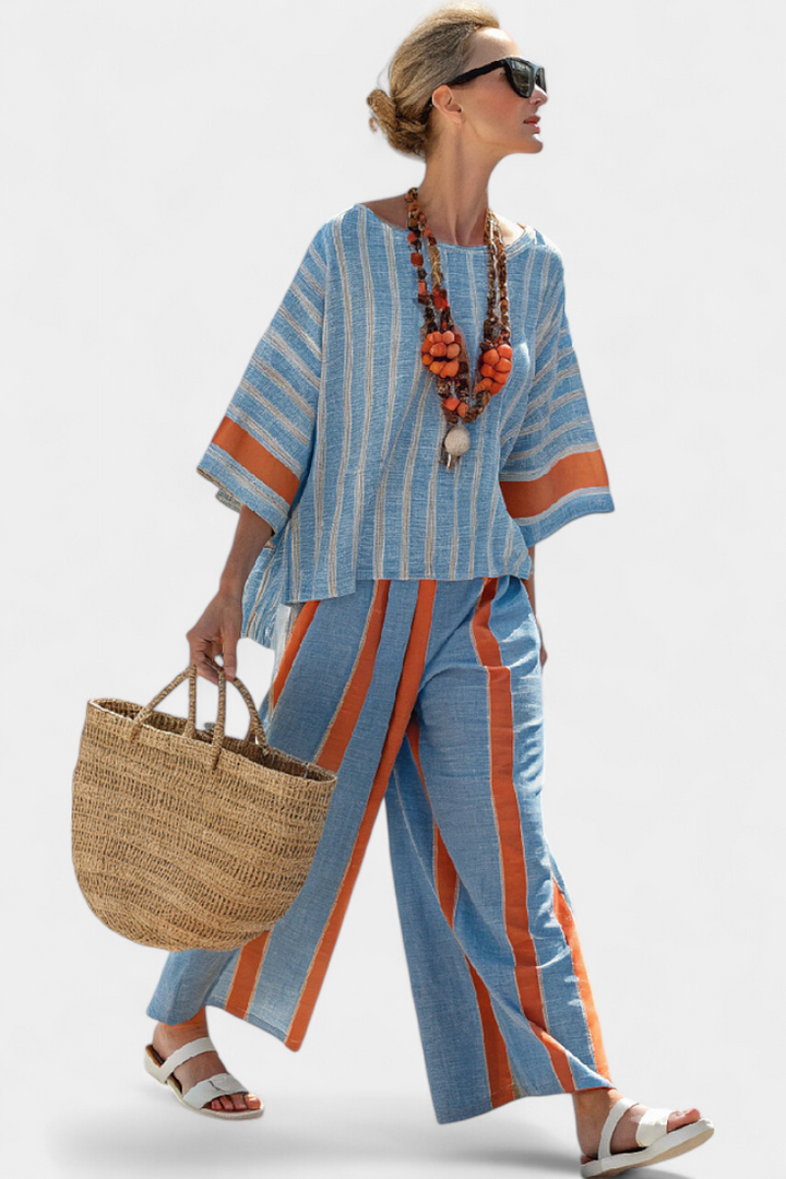 Velmere | Ensemble raffiné : top à rayures terracotta et pantalon en lin