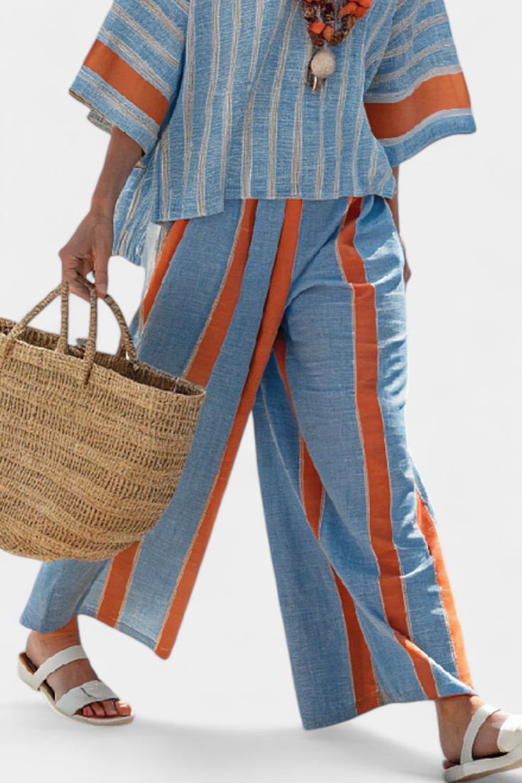 Velmere | Ensemble raffiné : top à rayures terracotta et pantalon en lin