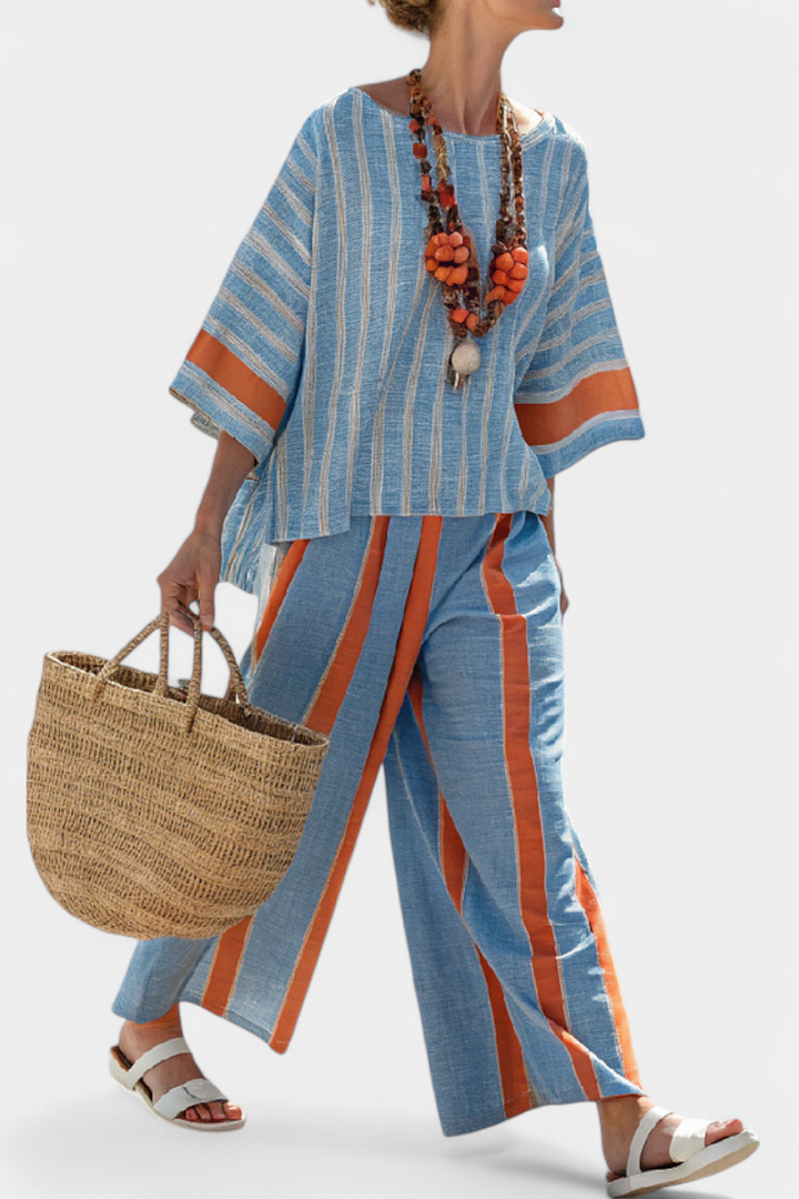 Velmere | Ensemble raffiné : top à rayures terracotta et pantalon en lin