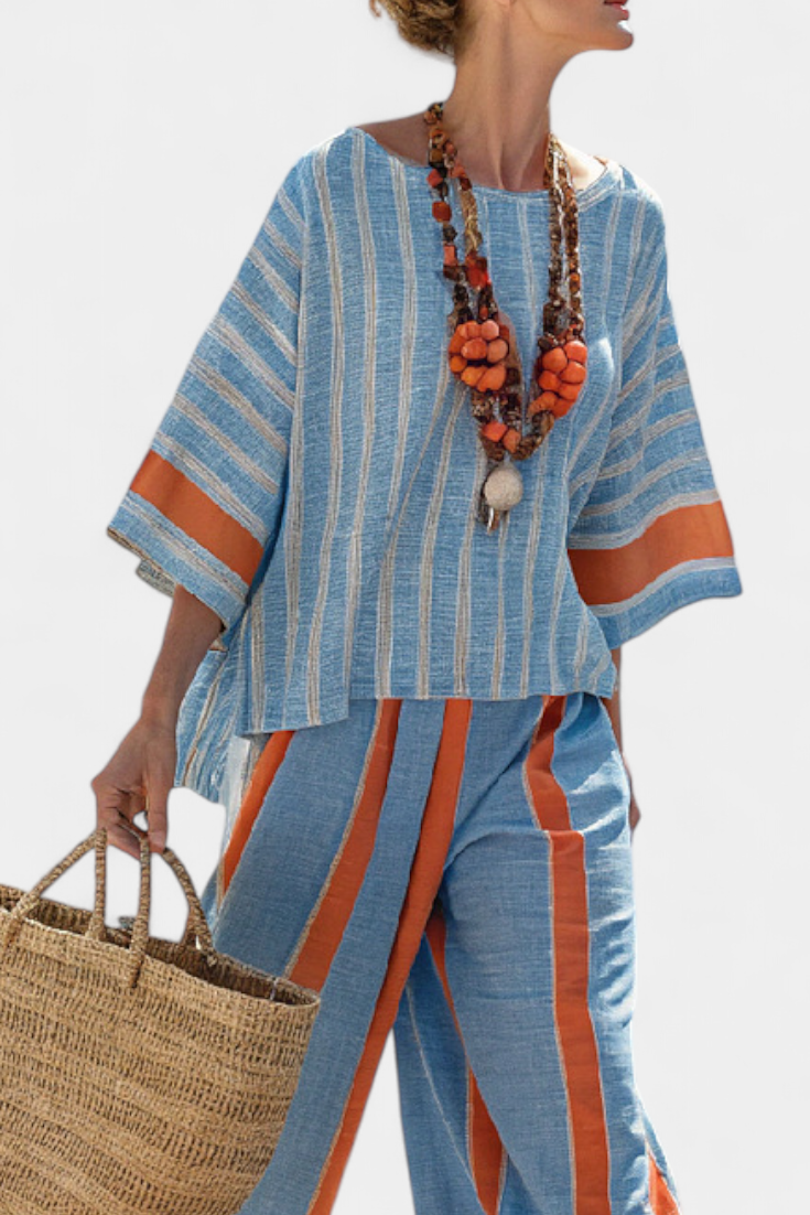 Velmere | Ensemble raffiné : top à rayures terracotta et pantalon en lin
