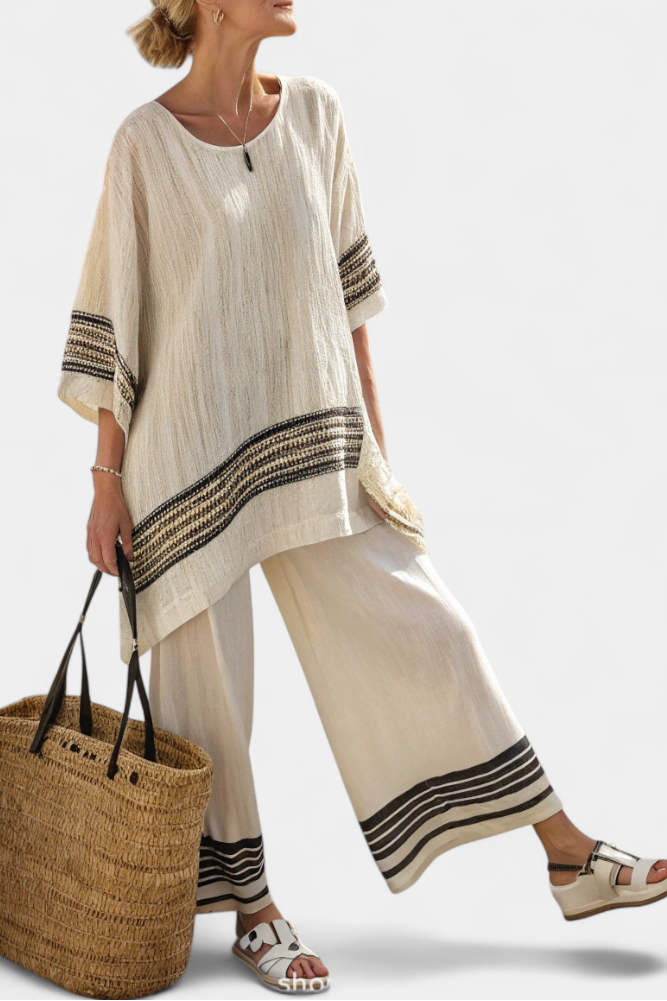Harlowe | Ensemble chic en lin à rayures noires : top et pantalon fluide