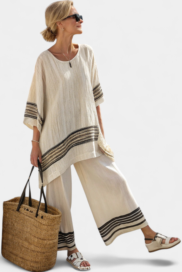Harlowe | Ensemble chic en lin à rayures noires : top et pantalon fluide