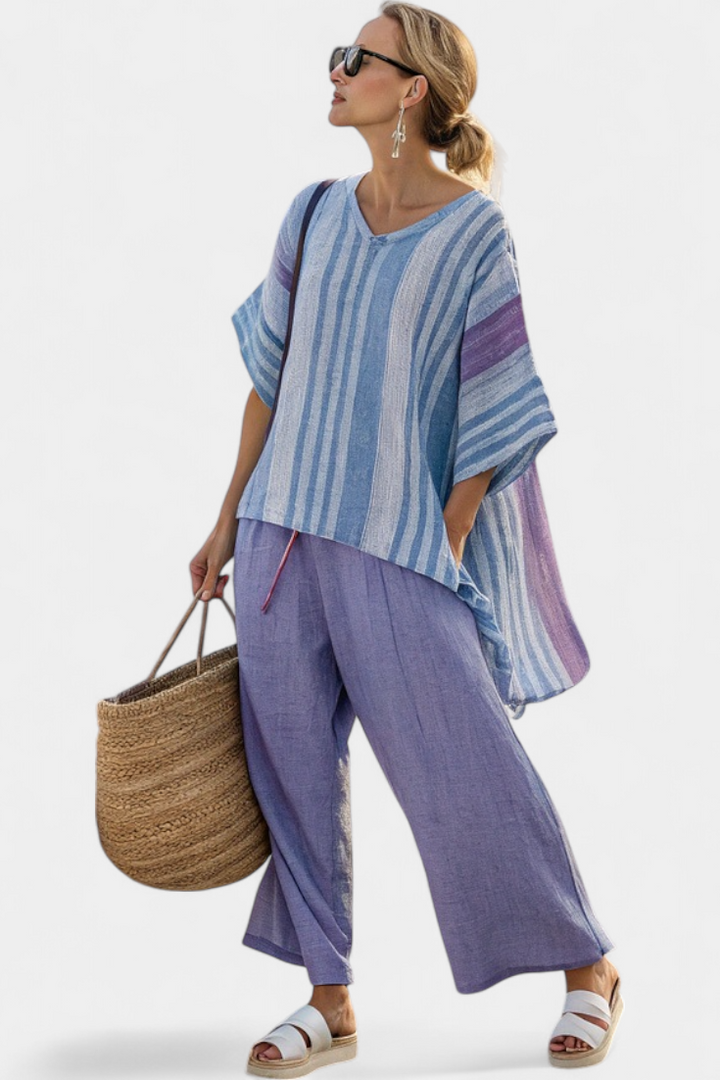Zellora | Duo élégant : top lavande &amp; bleu ciel et pantalon en lin