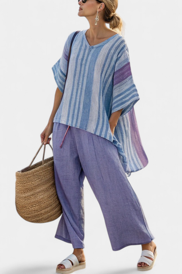 Zellora | Duo élégant : top lavande &amp; bleu ciel et pantalon en lin