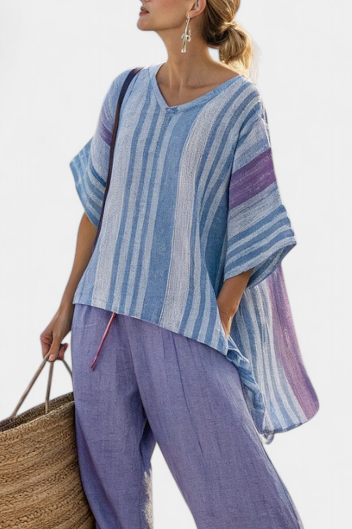 Zellora | Duo élégant : top lavande &amp; bleu ciel et pantalon en lin