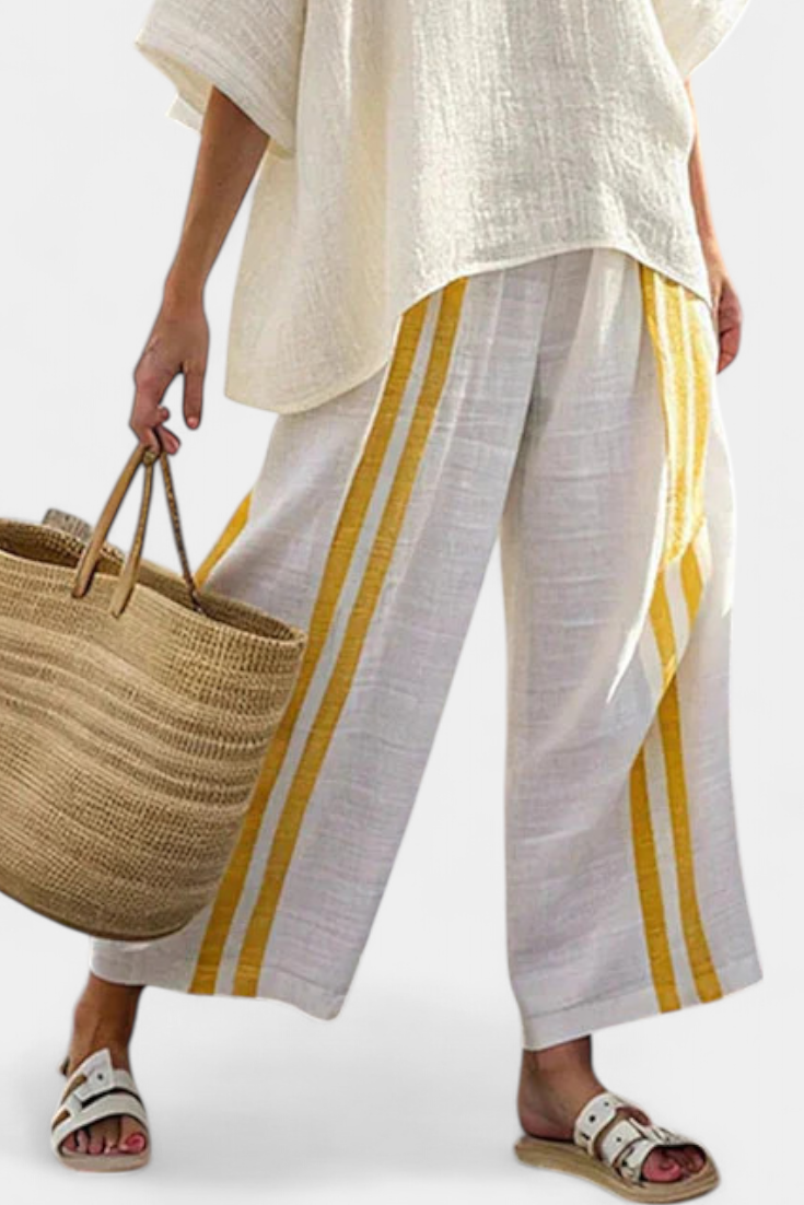 Anselor | Ensemble élégant : haut en lin rayé jaune et pantalon ample