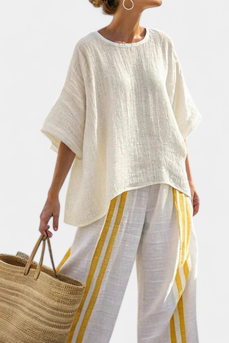 Anselor | Ensemble élégant : haut en lin rayé jaune et pantalon ample