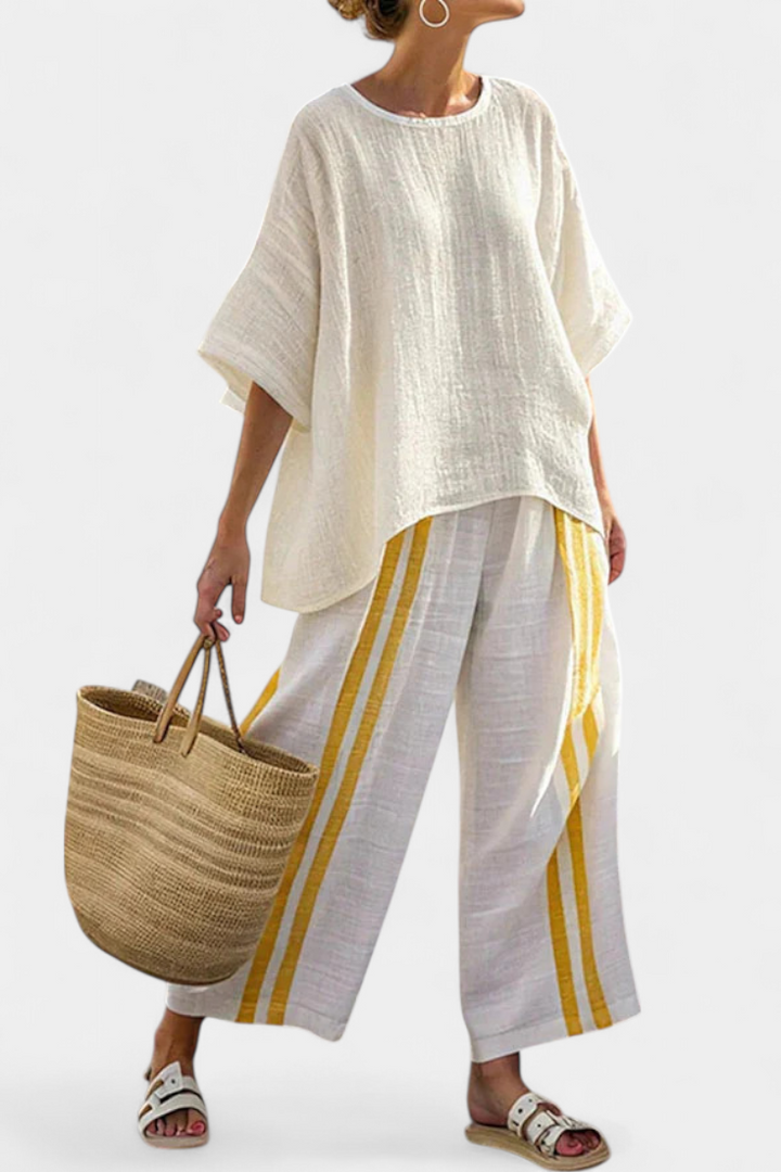 Anselor | Ensemble élégant : haut en lin rayé jaune et pantalon ample