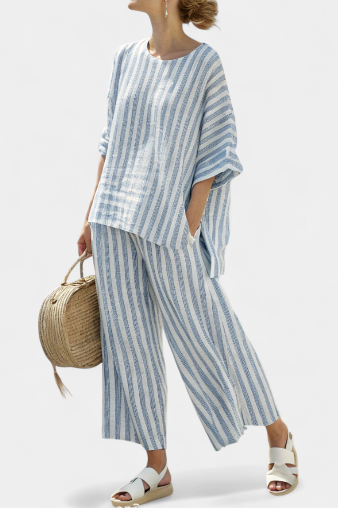 Rensleigh | Top raffiné en lin à rayures bleues &amp; pantalon fluide