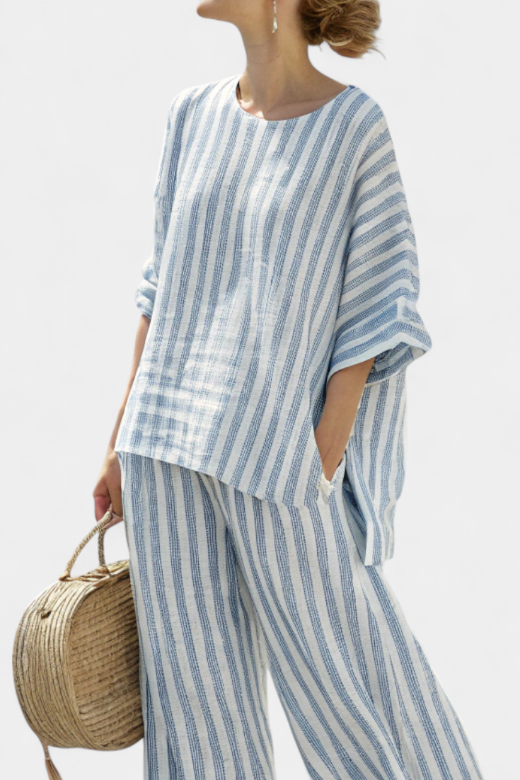 Rensleigh | Top raffiné en lin à rayures bleues &amp; pantalon fluide