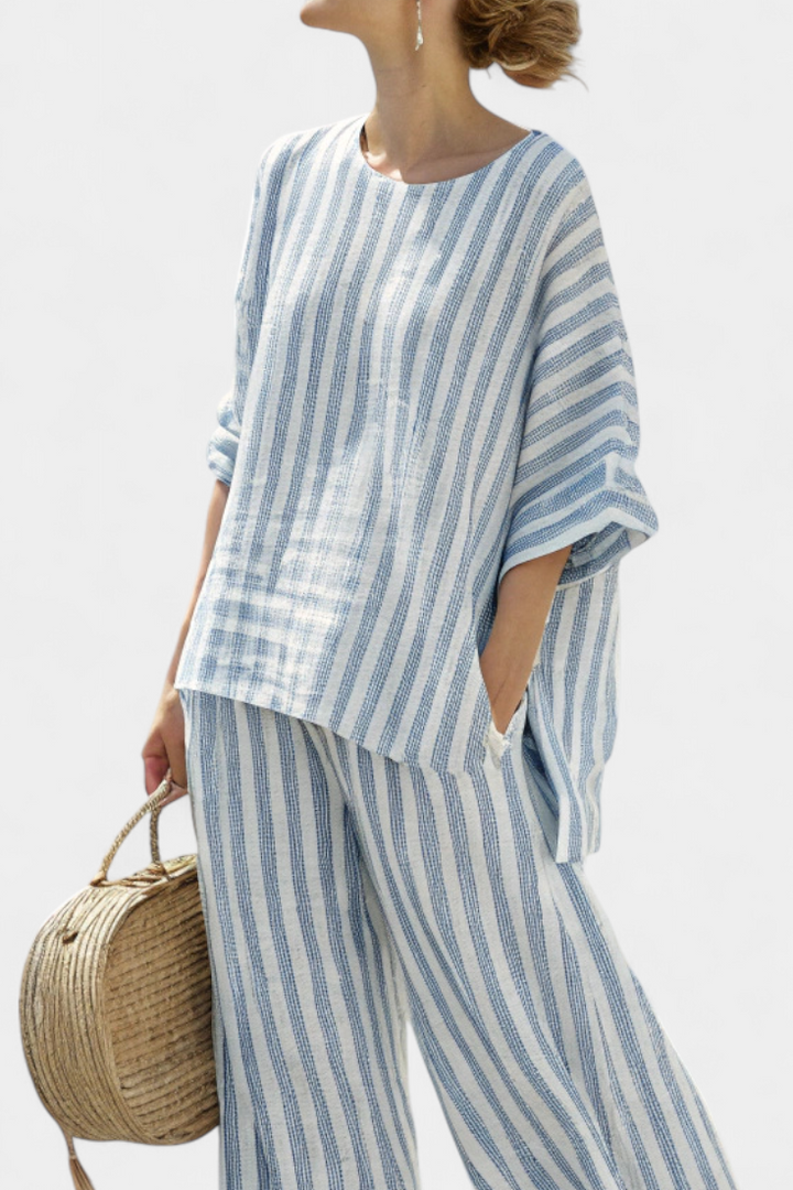 Rensleigh | Top raffiné en lin à rayures bleues &amp; pantalon fluide