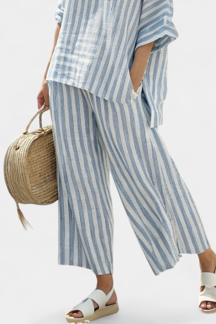 Rensleigh | Top raffiné en lin à rayures bleues &amp; pantalon fluide