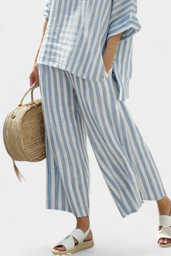 Rensleigh | Top raffiné en lin à rayures bleues &amp; pantalon fluide