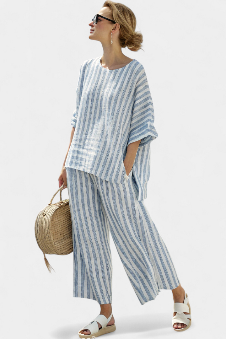 Rensleigh | Top raffiné en lin à rayures bleues &amp; pantalon fluide