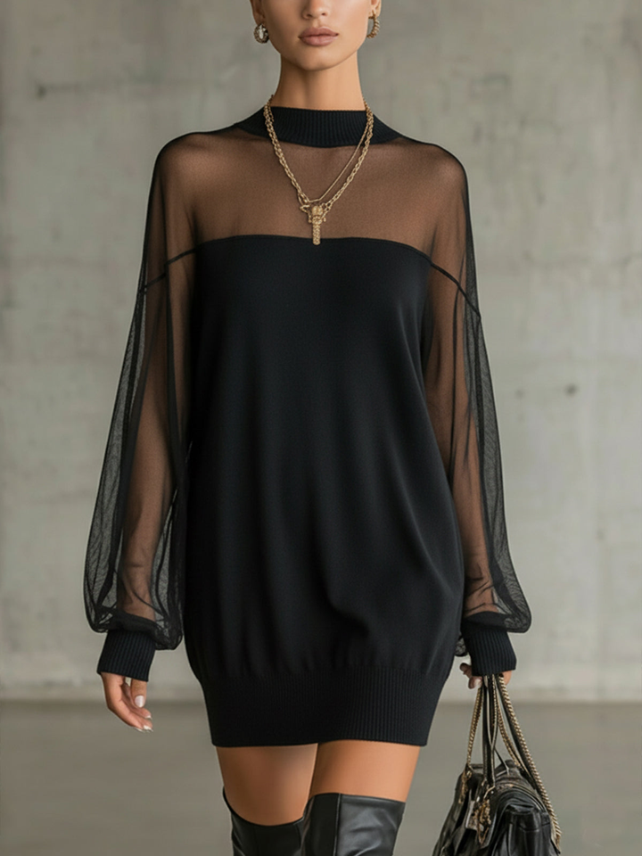 Amélie™ | Élégante Robe Mini Noire à Manches en Maille