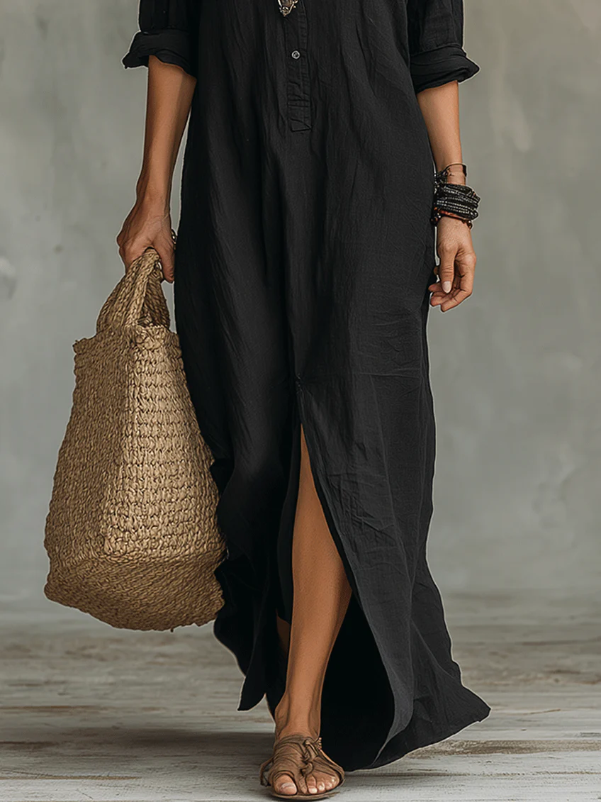 Soline™ | Robe Maxi Noire Évasée à Boutons