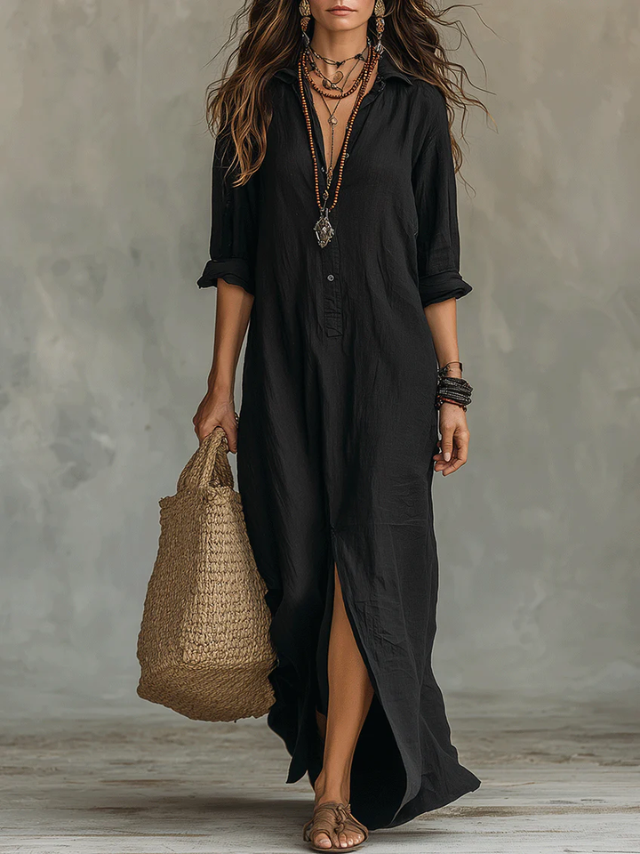 Soline™ | Robe Maxi Noire Évasée à Boutons