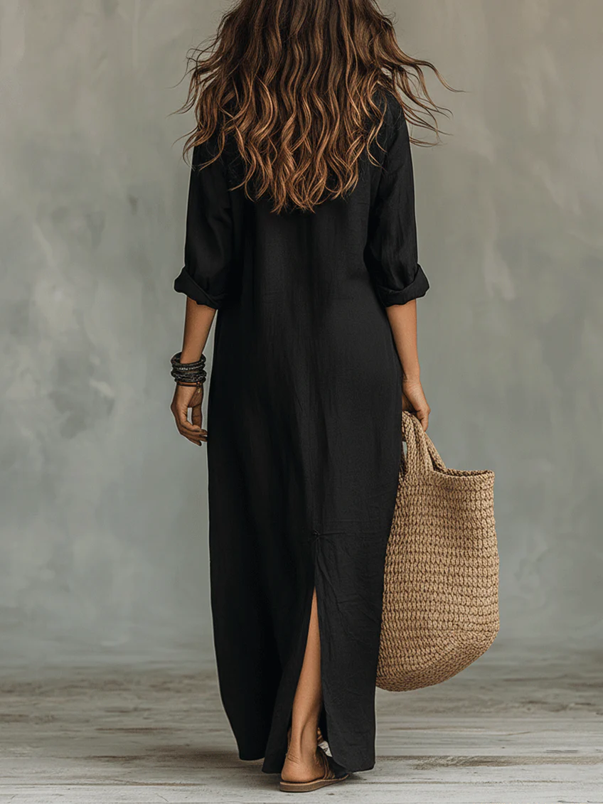 Soline™ | Robe Maxi Noire Évasée à Boutons