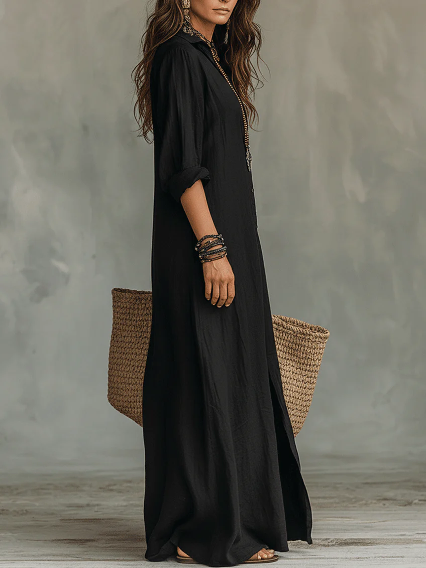 Soline™ | Robe Maxi Noire Évasée à Boutons