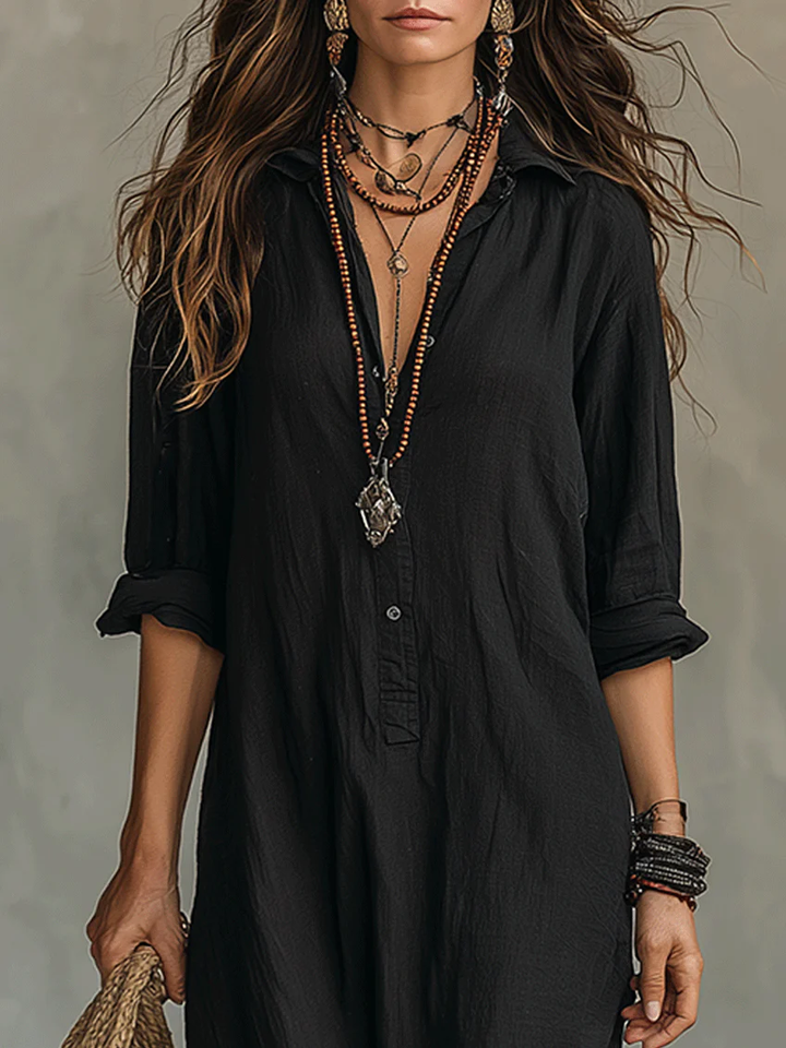 Soline™ | Robe Maxi Noire Évasée à Boutons
