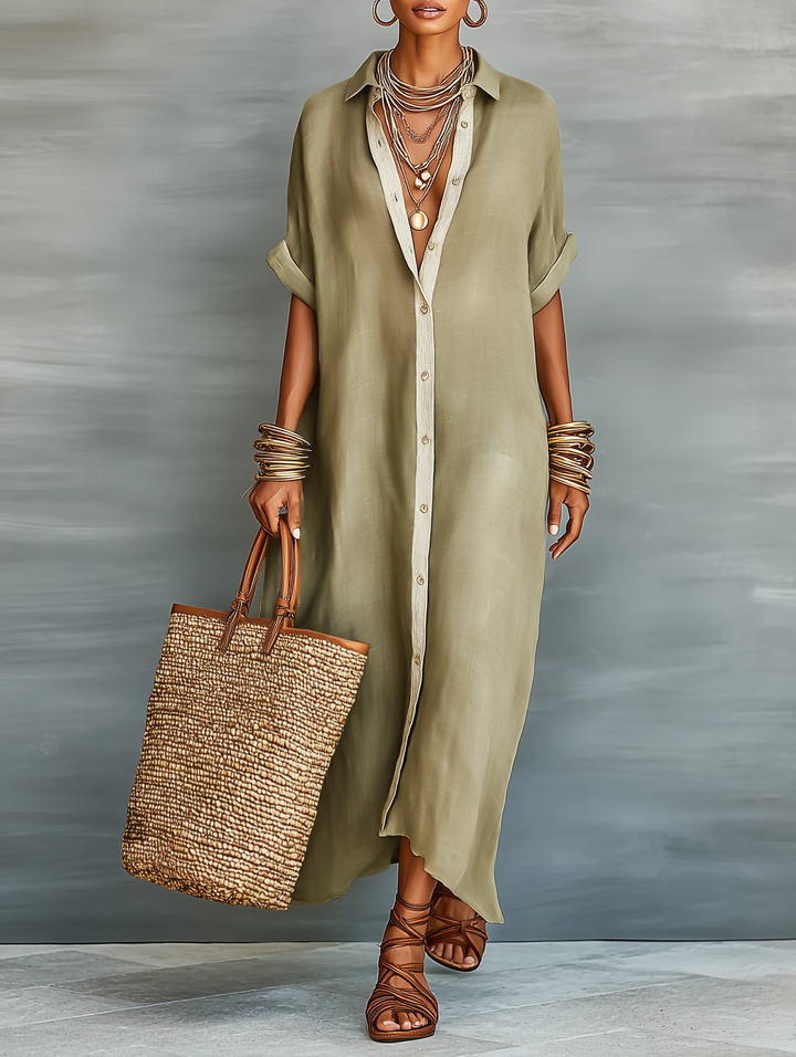 Manelle™ | Robe Maxi Olive avec Détails Minimalistes