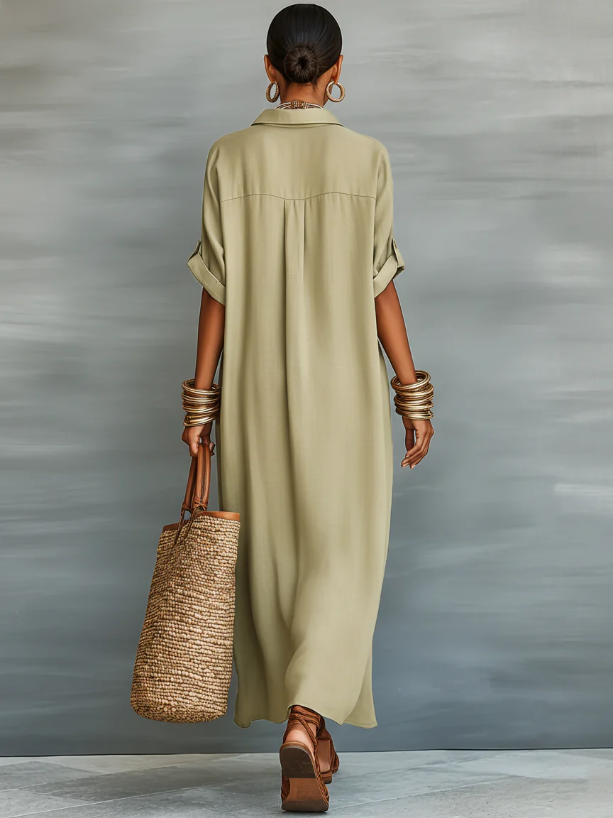 Manelle™ | Robe Maxi Olive avec Détails Minimalistes