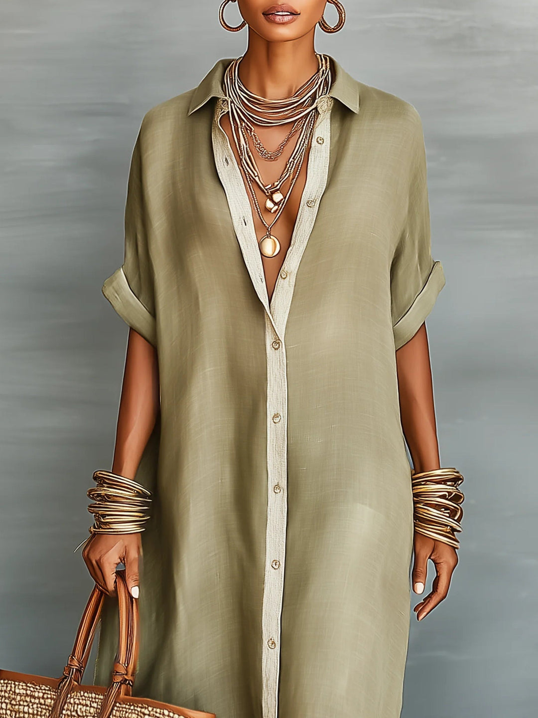 Manelle™ | Robe Maxi Olive avec Détails Minimalistes