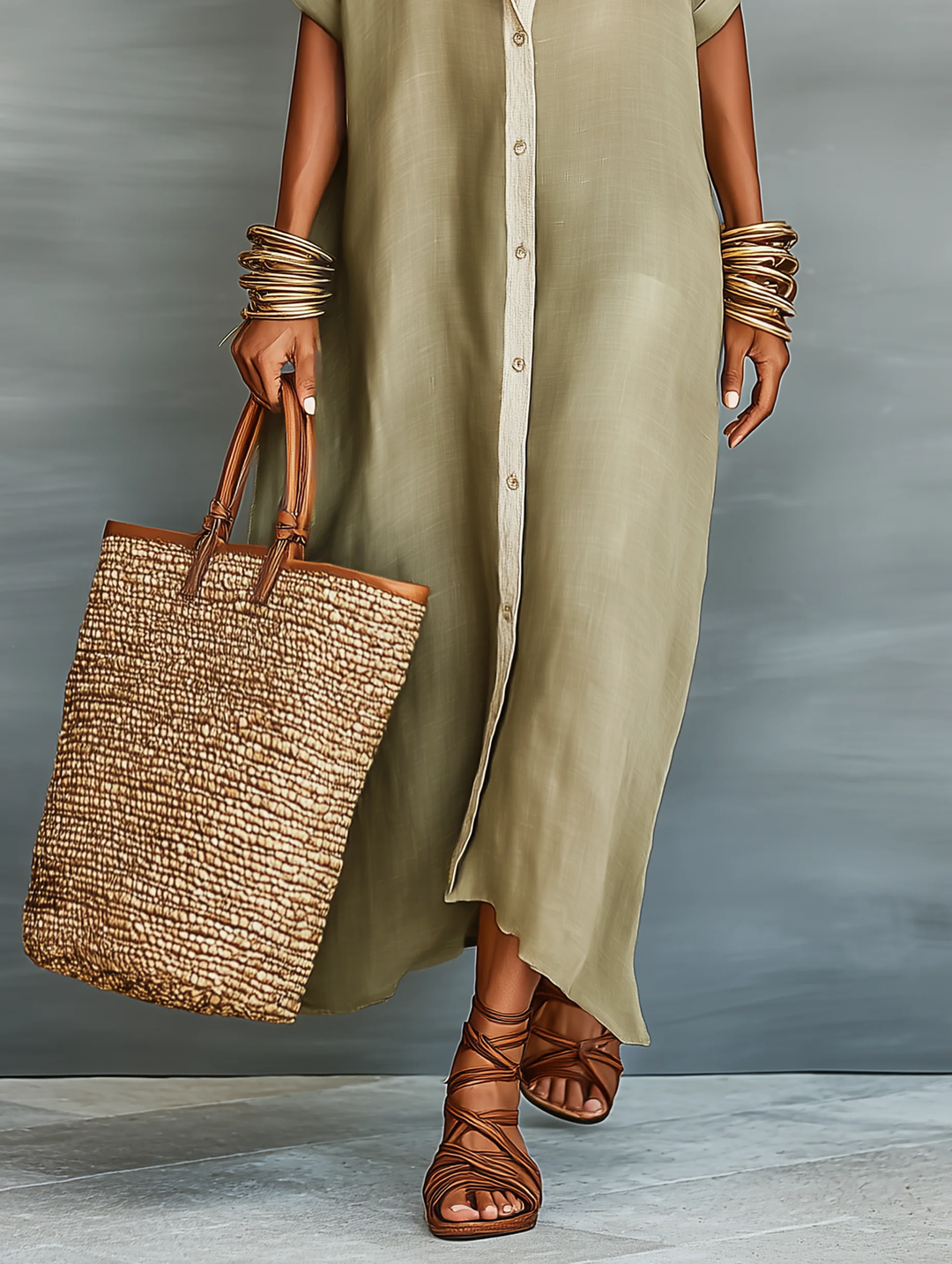 Manelle™ | Robe Maxi Olive avec Détails Minimalistes