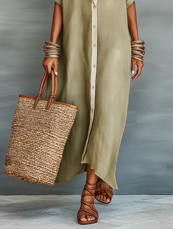 Manelle™ | Robe Maxi Olive avec Détails Minimalistes