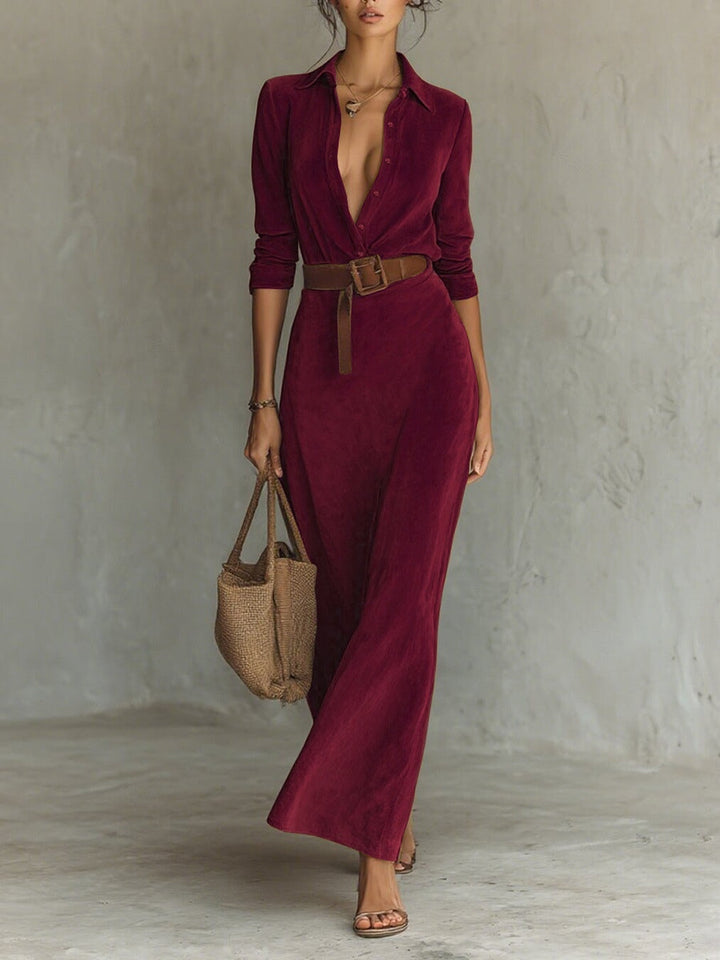 Juline™ | Robe Maxi en Suède à Col Revers