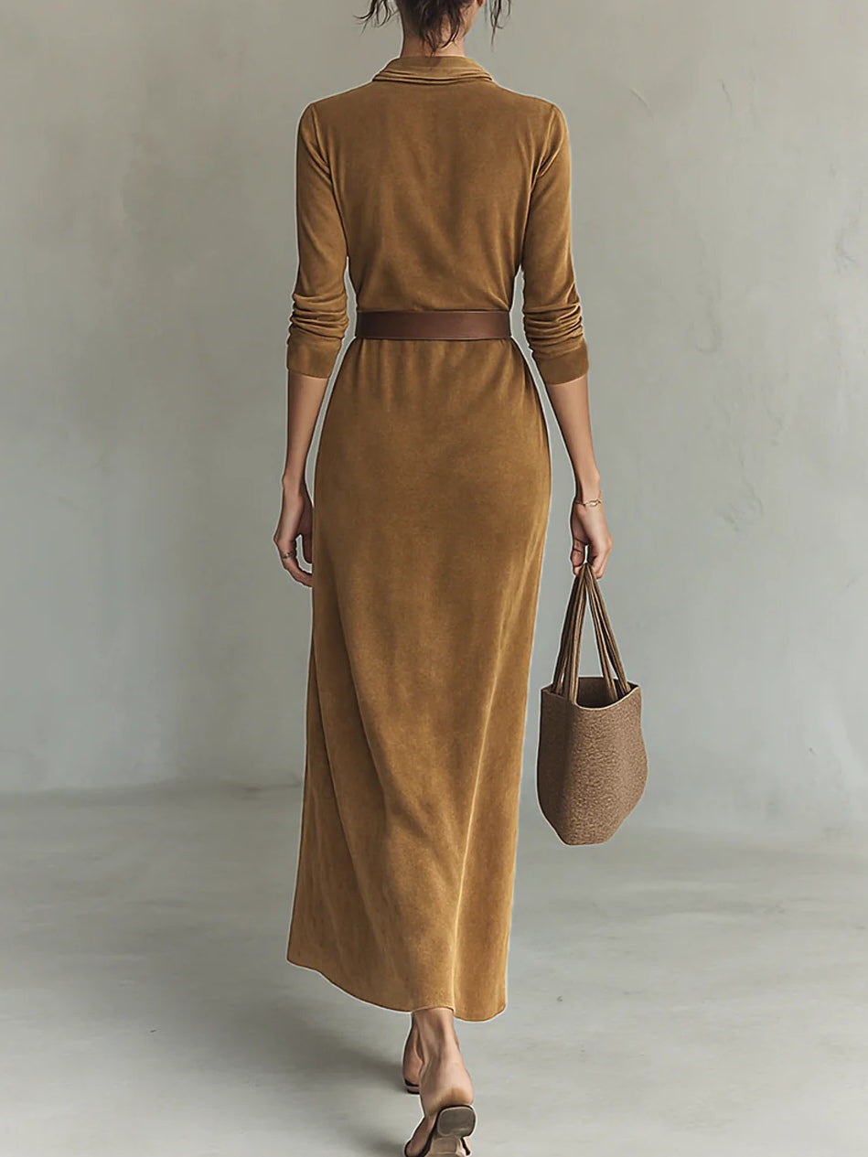 Juline™ | Robe Maxi en Suède à Col Revers