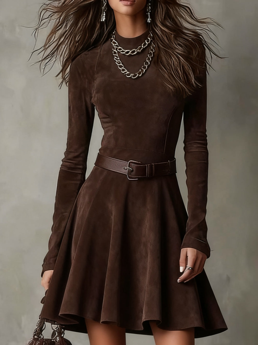 Noémie™ | Robe Mini Vintage en Daim Marron Foncé