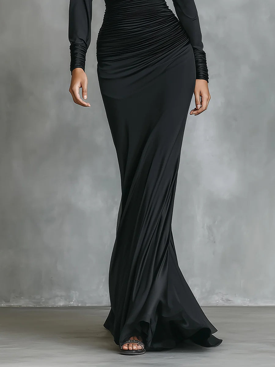 Célina™ | Robe Maxi Satin Noir à Une Épaule