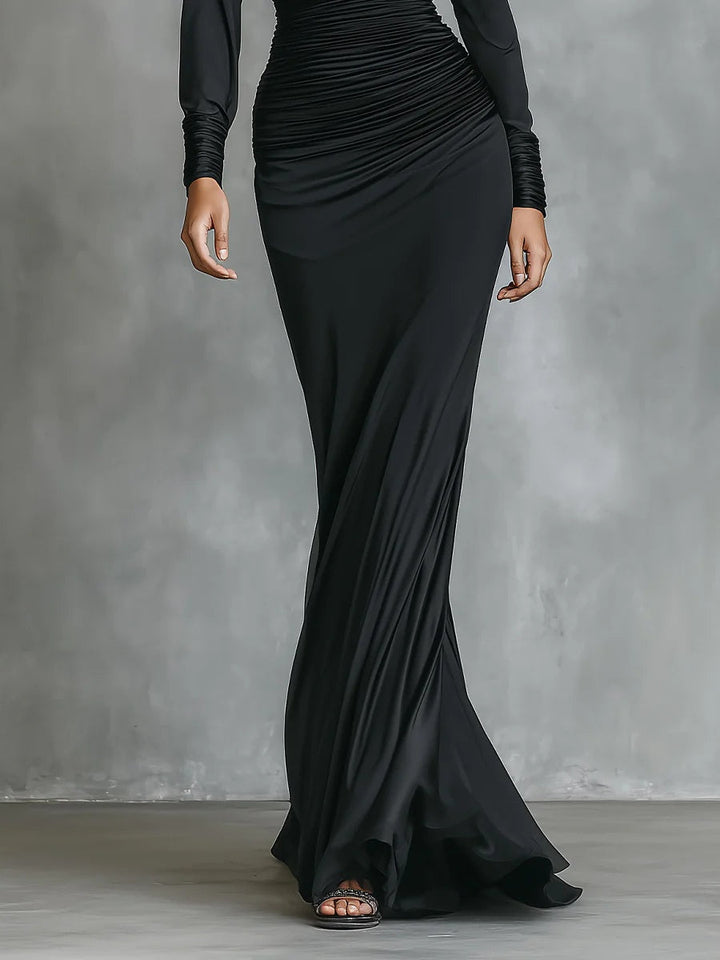 Célina™ | Robe Maxi Satin Noir à Une Épaule
