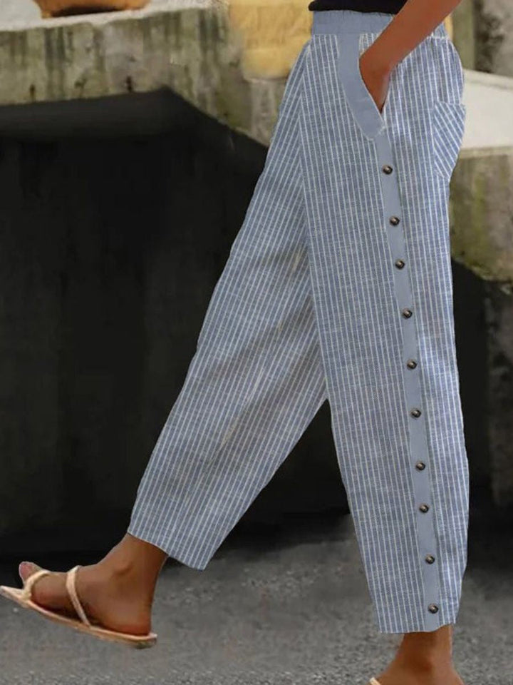 Linaya - Pantalon Rayé Chic à Boutons Élégants