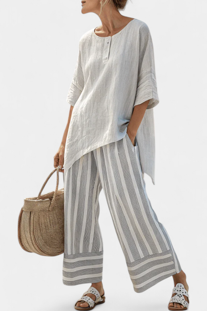 Talvora | Blouse asymétrique raffinée &amp; pantalon à rayures