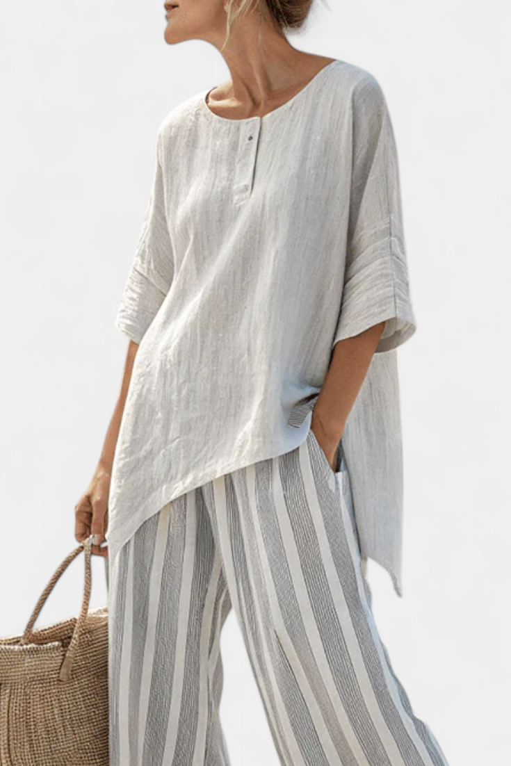 Talvora | Blouse asymétrique raffinée &amp; pantalon à rayures