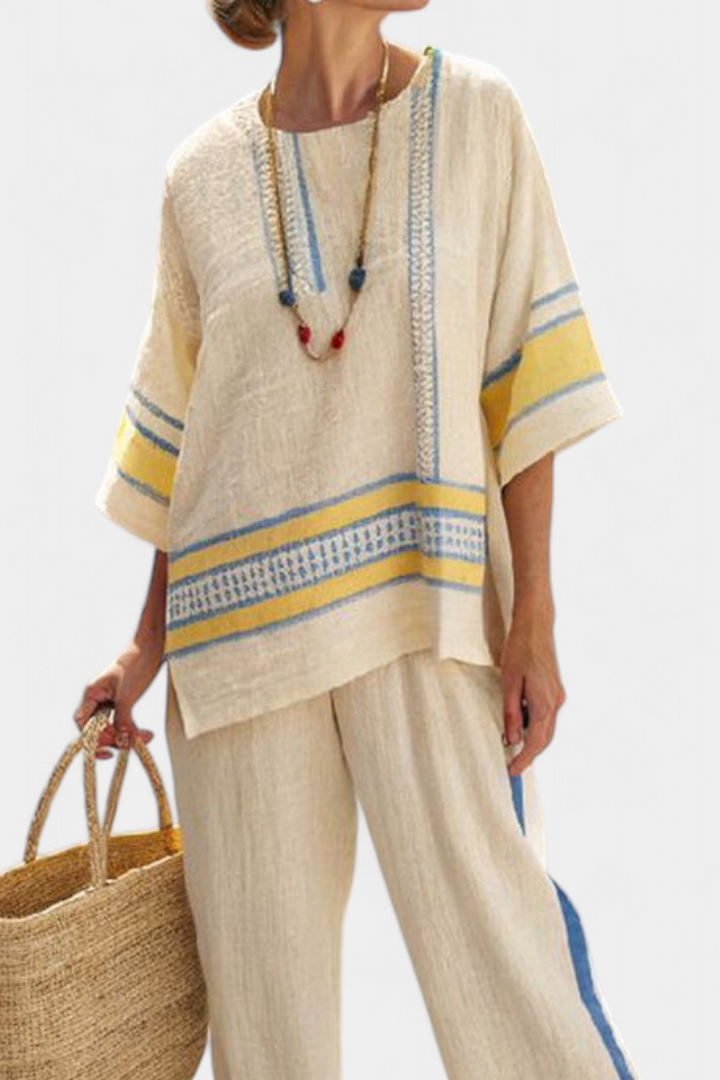 Jaxmere | Ensemble méditerranéen ultra-confort : top bleu et jaune &amp; pantalon en lin