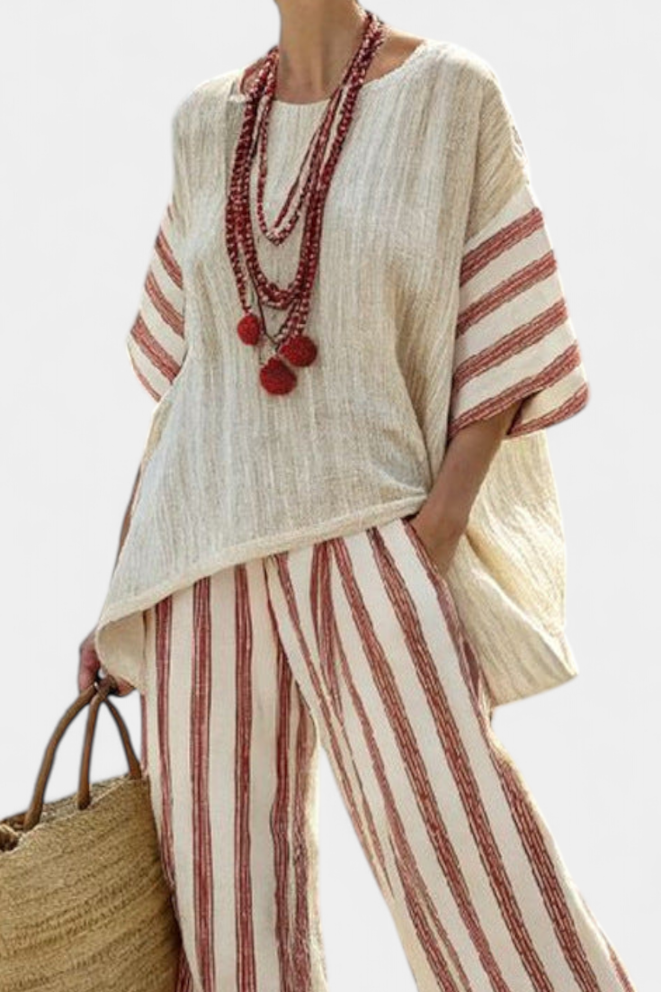 Braelith | Top rayé rustique-chic et pantalon en lin écru