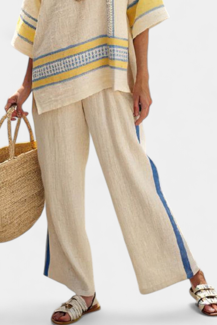 Jaxmere | Ensemble méditerranéen ultra-confort : top bleu et jaune &amp; pantalon en lin