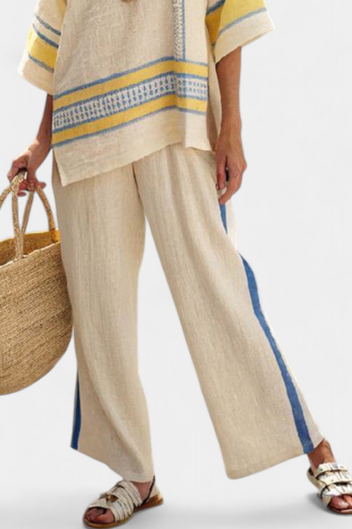 Jaxmere | Ensemble méditerranéen ultra-confort : top bleu et jaune &amp; pantalon en lin