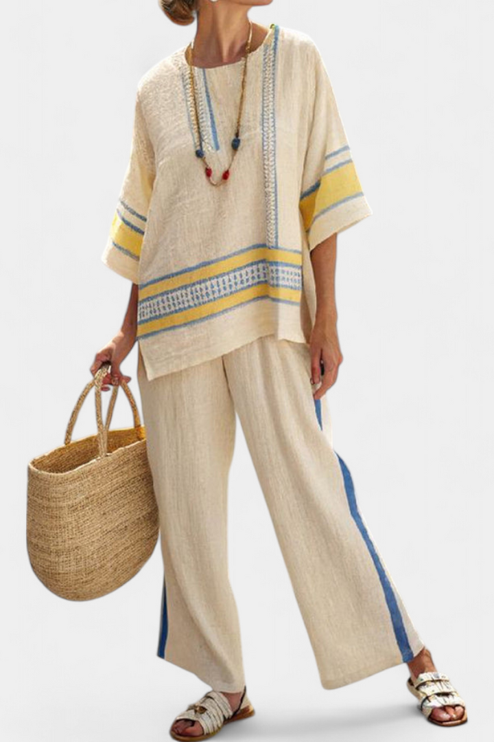 Jaxmere | Ensemble méditerranéen ultra-confort : top bleu et jaune &amp; pantalon en lin